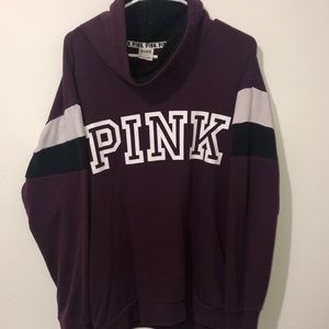 Dark purple cowlneck sweatshirt w/ white lettering